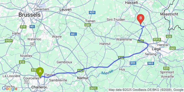 Map: Charleroi Airport Brussels South (CRL) to Piringen