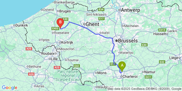 Map: Charleroi Airport Brussels South (CRL) to Pittem