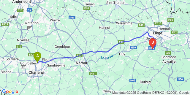 Map: Charleroi Airport Brussels South (CRL) to Plainevaux