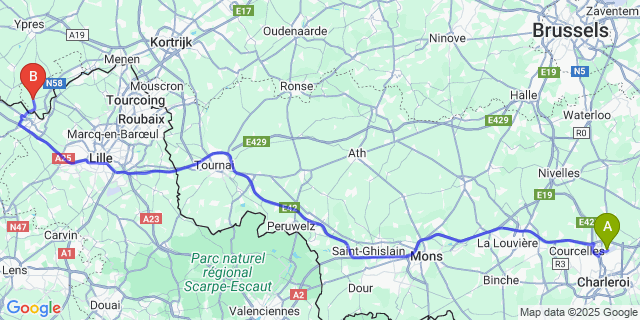 Map: Charleroi Airport Brussels South (CRL) to Ploegsteert
