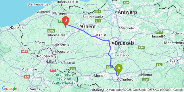 Map: Charleroi Airport Brussels South (CRL) to Poeke
