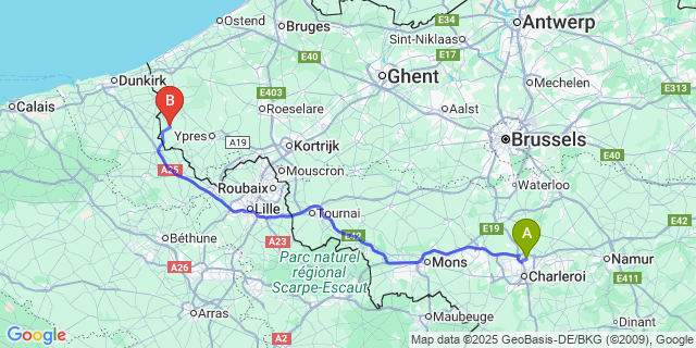 Map: Charleroi Airport Brussels South (CRL) to Proven
