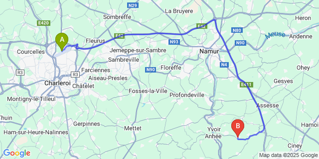 Map: Charleroi Airport Brussels South (CRL) to Purnode