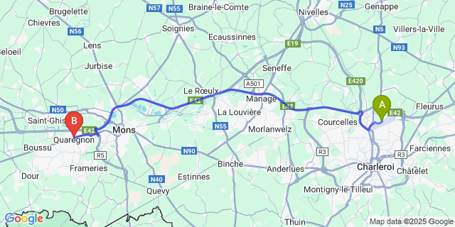 Map: Charleroi Airport Brussels South (CRL) to Quaregnon