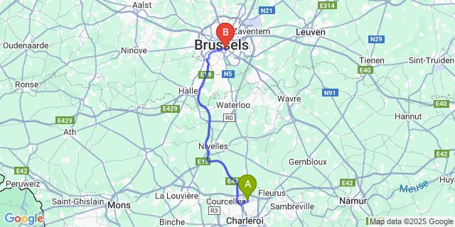 Map: Charleroi Airport Brussels South (CRL) to Radisson RED Brussels