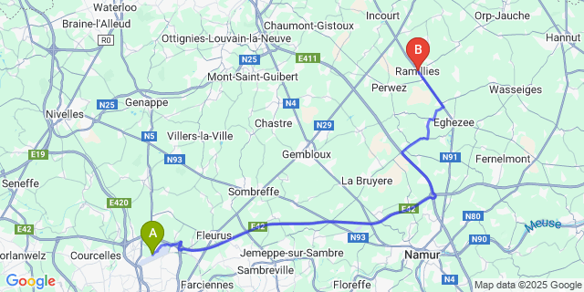 Map: Charleroi Airport Brussels South (CRL) to Ramillies