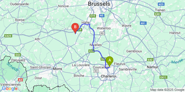 Map: Charleroi Airport Brussels South (CRL) to Rebecq-Rognon