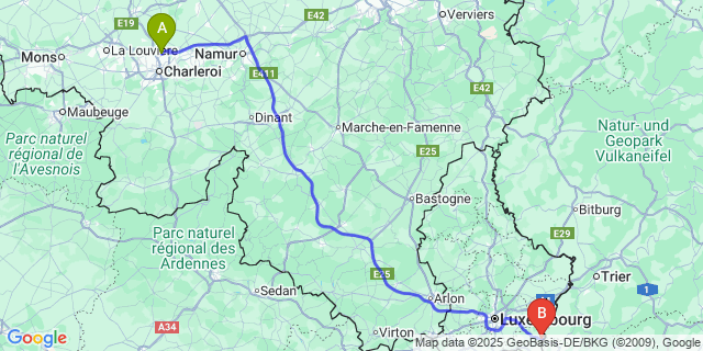 Map: Charleroi Airport Brussels South (CRL) to Remich