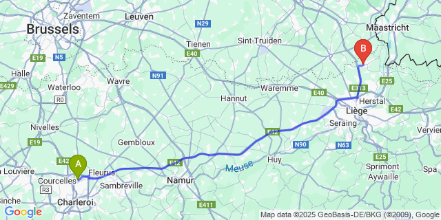 Map: Charleroi Airport Brussels South (CRL) to Roclenge-Sur-Geer