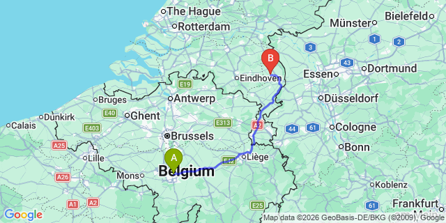 Map: Charleroi Airport Brussels South (CRL) to Roermond