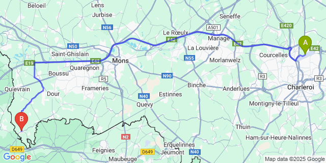 Map: Charleroi Airport Brussels South (CRL) to Roisin