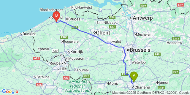Map: Charleroi Airport Brussels South (CRL) to Roksem