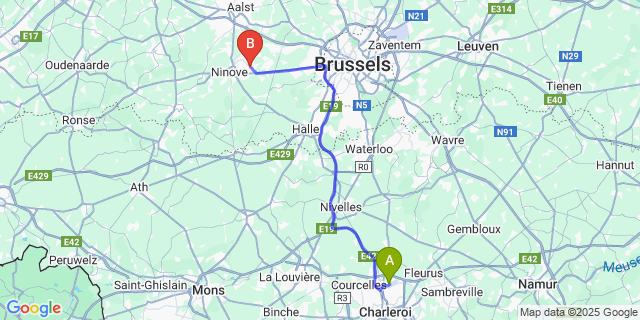 Map: Charleroi Airport Brussels South (CRL) to Roosdaal
