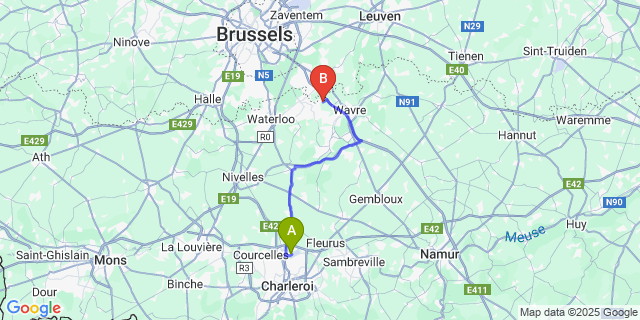 Map: Charleroi Airport Brussels South (CRL) to Rosieres