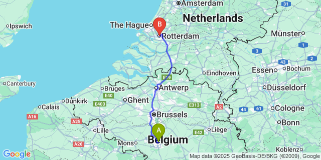 Map: Charleroi Airport Brussels South (CRL) to Rotterdam