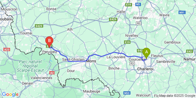 Map: Charleroi Airport Brussels South (CRL) to Roucourt