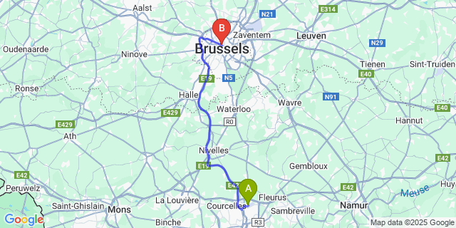 Map: Charleroi Airport Brussels South (CRL) to Royal Hotel, Brussels