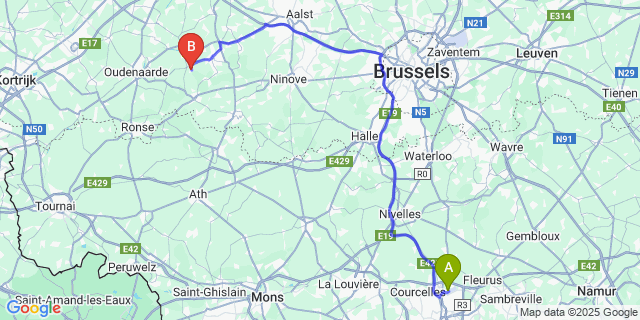 Map: Charleroi Airport Brussels South (CRL) to Rozebeke