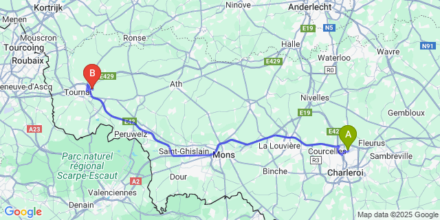 Map: Charleroi Airport Brussels South (CRL) to Rumillies