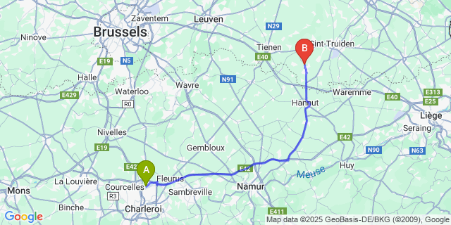 Map: Charleroi Airport Brussels South (CRL) to Rumsdorp