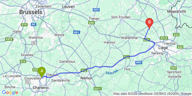Map: Charleroi Airport Brussels South (CRL) to Rutten