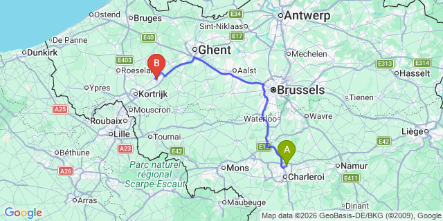 Map: Charleroi Airport Brussels South (CRL) to Saint-Amand-les-Eaux