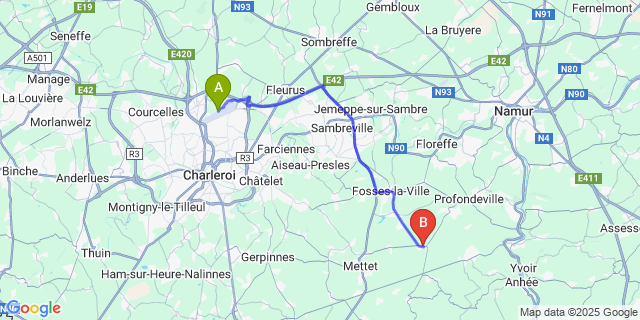 Map: Charleroi Airport Brussels South (CRL) to Saint-Gérard