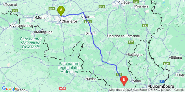 Map: Charleroi Airport Brussels South (CRL) to Saint-Léger