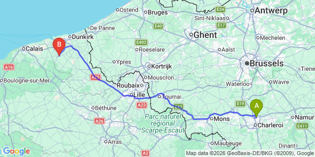 Map: Charleroi Airport Brussels South (CRL) to Saint-Omer