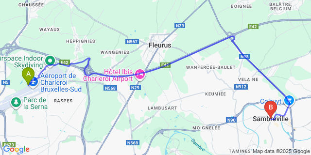 Map: Charleroi Airport Brussels South (CRL) to Sambreville