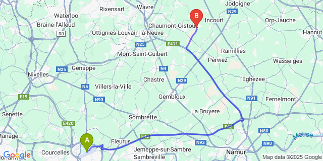 Map: Charleroi Airport Brussels South (CRL) to Sart-Risbart