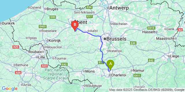 Map: Charleroi Airport Brussels South (CRL) to Scheldewindeke