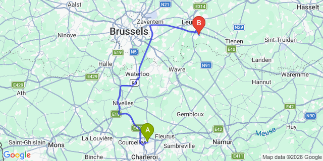 Map: Charleroi Airport Brussels South (CRL) to Schiphol