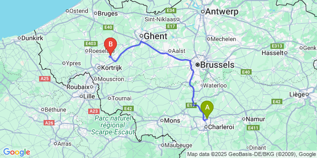 Map: Charleroi Airport Brussels South (CRL) to Sint-Baafs-Vijve