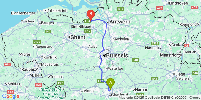 Map: Charleroi Airport Brussels South (CRL) to Sint-Gillis-Waas