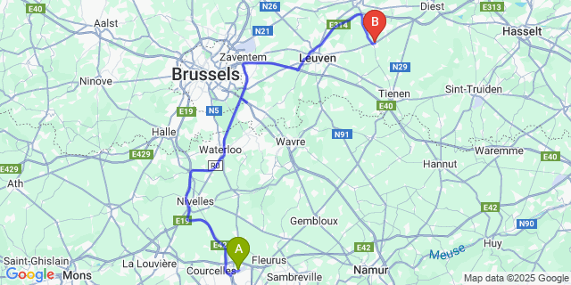 Map: Charleroi Airport Brussels South (CRL) to Sint-Joris-Winge