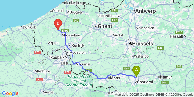 Map: Charleroi Airport Brussels South (CRL) to Sint-Jozef-De Geite