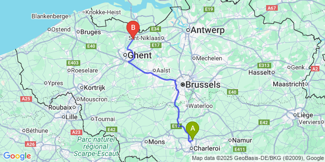 Map: Charleroi Airport Brussels South (CRL) to Sint-Kruis-Winkel