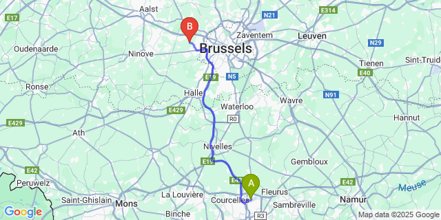 Map: Charleroi Airport Brussels South (CRL) to Sint-Martens-Bodegem