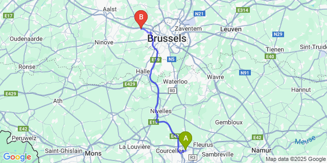 Map: Charleroi Airport Brussels South (CRL) to Sint-Ulriks-Kapelle