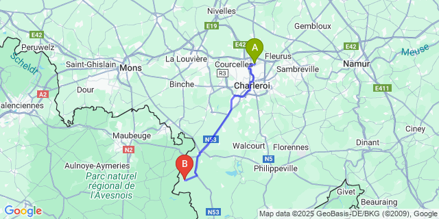 Map: Charleroi Airport Brussels South (CRL) to Sivry-Rance