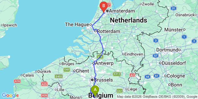 Map: Charleroi Airport Brussels South (CRL) to Sliedrecht