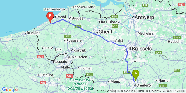 Map: Charleroi Airport Brussels South (CRL) to Slijpe