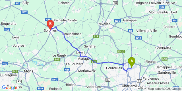 Map: Charleroi Airport Brussels South (CRL) to Soignies