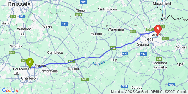 Map: Charleroi Airport Brussels South (CRL) to Souverain-Wandre