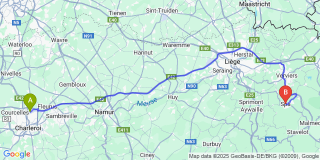 Map: Charleroi Airport Brussels South (CRL) to Spa