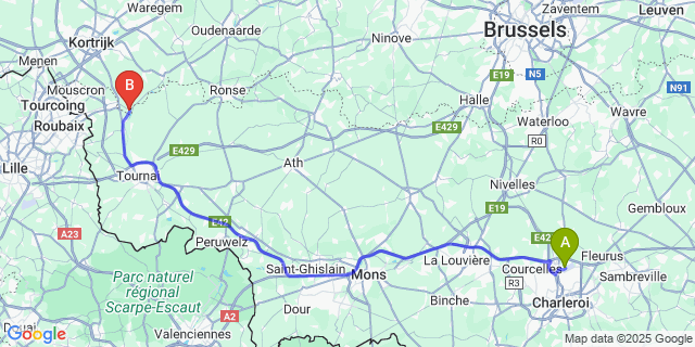 Map: Charleroi Airport Brussels South (CRL) to Spiere-Helkijn