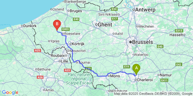 Map: Charleroi Airport Brussels South (CRL) to Staden