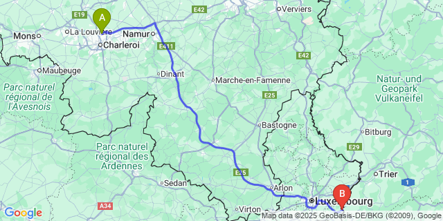 Map: Charleroi Airport Brussels South (CRL) to Stadtbredimus