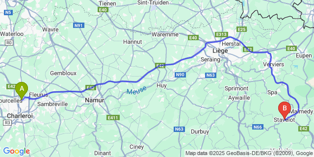 Map: Charleroi Airport Brussels South (CRL) to Stavelot